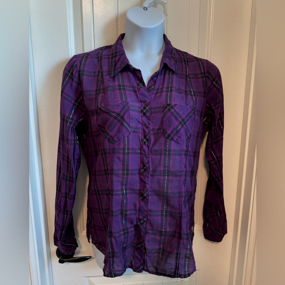 Guess Cowgirl Snap Front Purple/Black Metallic Thread Plaid Long Sleeve Shirt XL
